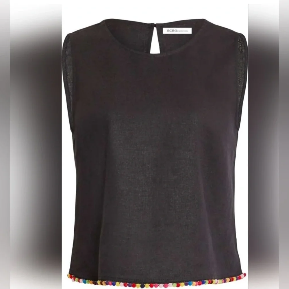 BCBGeneration Black Linen Blend Pompom Trim Sleeveless Top size M